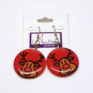 Rudolph Reindeer Earrings Christmas Charm Dangle from Ann Peden Jewelry Resin 1"